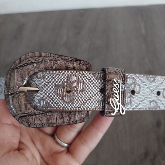 Guess Medium Vintage GUESS Belt Brown Beige Logo Print - Picture 4 of 7